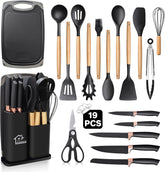19 Pcs Silicone Kitchen Utensil Set, Heat Resistant Cooking Tools with Wooden Handles | طقم أدوات المطبخ سيليكون 19 قطعة، أدوات طبخ مقاومة للحرارة بمقابض خشبية