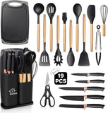 19 Pcs Silicone Kitchen Utensil Set, Heat Resistant Cooking Tools with Wooden Handles | طقم أدوات المطبخ سيليكون 19 قطعة، أدوات طبخ مقاومة للحرارة بمقابض خشبية