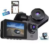 3-Channel Dash Cam Front + Rear 1080P, WiFi App Control, Parking Mode, Wide Angle, G-Sensor, Waterproof Car DVR | كاميرا سيارة بعدسة أمامية وخلفية بدقة 1080P، تحكم عبر تطبيق الواي فاي، وضع الوقوف، زاوية واسعة، مستشعر G، مسجل قيادة مقاوم للماء