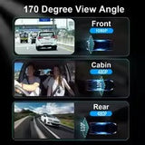 3-Channel Dash Cam Front + Rear 1080P, WiFi App Control, Parking Mode, Wide Angle, G-Sensor, Waterproof Car DVR | كاميرا سيارة بعدسة أمامية وخلفية بدقة 1080P، تحكم عبر تطبيق الواي فاي، وضع الوقوف، زاوية واسعة، مستشعر G، مسجل قيادة مقاوم للماء