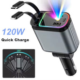 4-in-1 Car Charger with Retractable Cable, Atmosphere Lamp & Star Light, 120W USB Type-C Car Phone Charger Adapter, Dual Ports 12-24V شاحن سيارة 4 في 1 بكابل قابل للسحب، مصباح جوي وضوء النجوم، شاحن سيارة USB Type-C بقوة 120 واط، منافذ مزدوجة 12-24 فولت