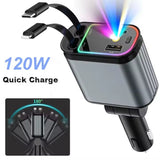 4-in-1 Car Charger with Retractable Cable, Atmosphere Lamp & Star Light, 120W USB Type-C Car Phone Charger Adapter, Dual Ports 12-24V شاحن سيارة 4 في 1 بكابل قابل للسحب، مصباح جوي وضوء النجوم، شاحن سيارة USB Type-C بقوة 120 واط، منافذ مزدوجة 12-24 فولت