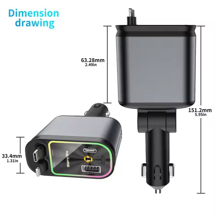 4-in-1 Car Charger with Retractable Cable, Atmosphere Lamp & Star Light, 120W USB Type-C Car Phone Charger Adapter, Dual Ports 12-24V شاحن سيارة 4 في 1 بكابل قابل للسحب، مصباح جوي وضوء النجوم، شاحن سيارة USB Type-C بقوة 120 واط، منافذ مزدوجة 12-24 فولت