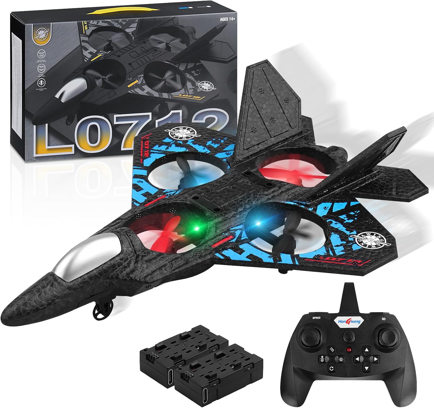 RC Aeroplane 2.4GHz Quadcopter L0712 – Floating Fighter, RTF for Beginners, Kids & Adults, Toy with Colored Lights & USB Charging طائرة RC 2.4GHz رباعية المحركات L0712 – مقاتلة عائمة جاهزة للطيران للمبتدئين، الأطفال والكبار، لعبة بأضواء ملونة وشحن USB