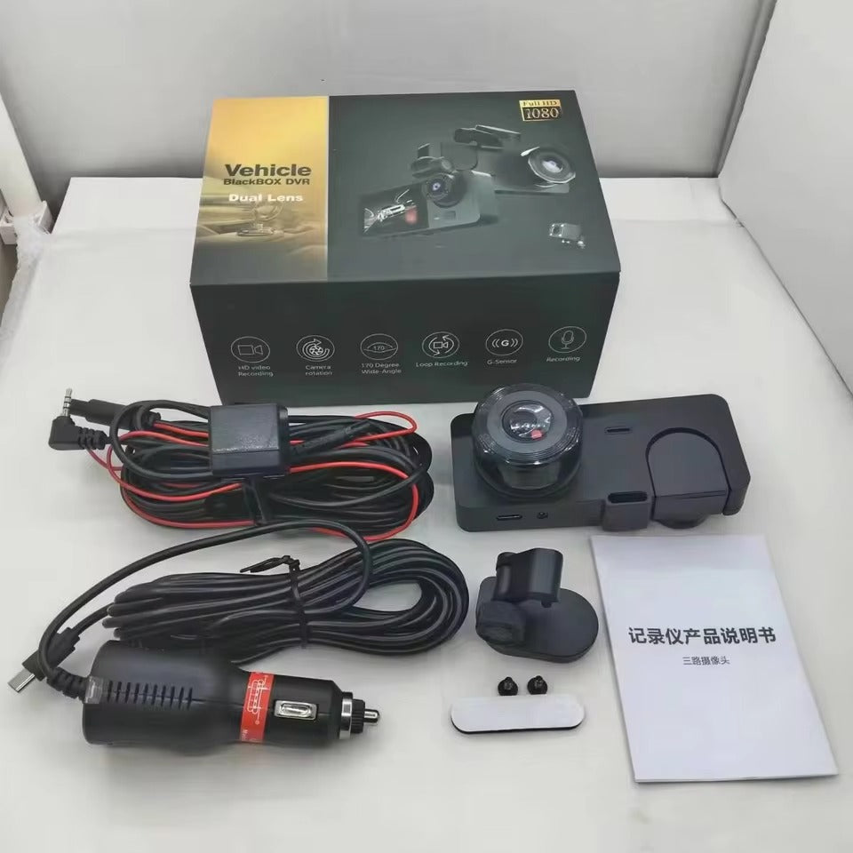 3-Channel Dash Cam Front + Rear 1080P, WiFi App Control, Parking Mode, Wide Angle, G-Sensor, Waterproof Car DVR | كاميرا سيارة بعدسة أمامية وخلفية بدقة 1080P، تحكم عبر تطبيق الواي فاي، وضع الوقوف، زاوية واسعة، مستشعر G، مسجل قيادة مقاوم للماء