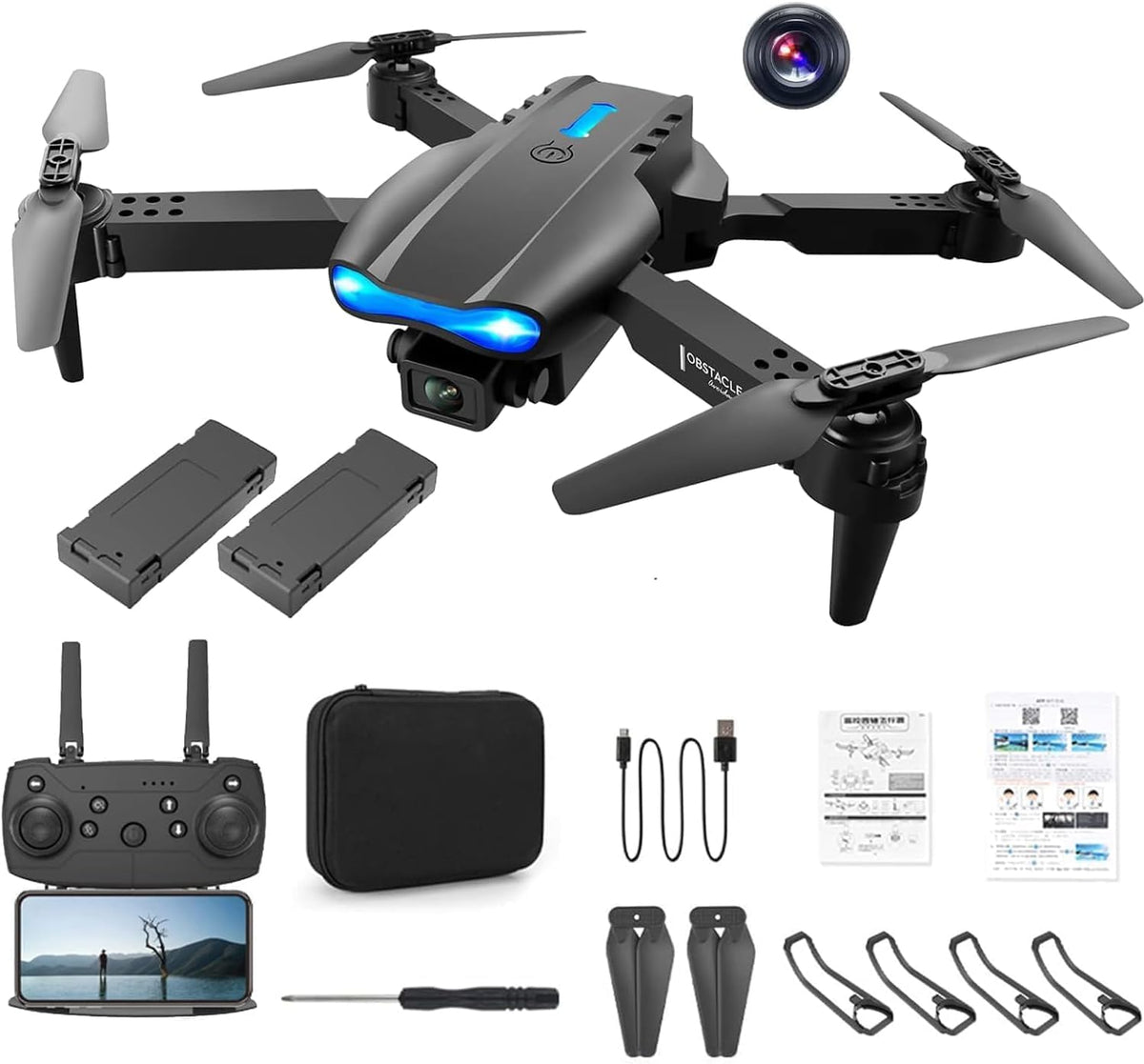E99 Drone with Camera, Folding Remote Control, WiFi FPV & App Control, Storage Bag, 2 Batteries | طائرة بدون طيار E99 بكاميرا، تحكم عن بعد قابلة للطي، واي فاي FPV والتحكم عبر التطبيق، حقيبة تخزين، بطاريتان
