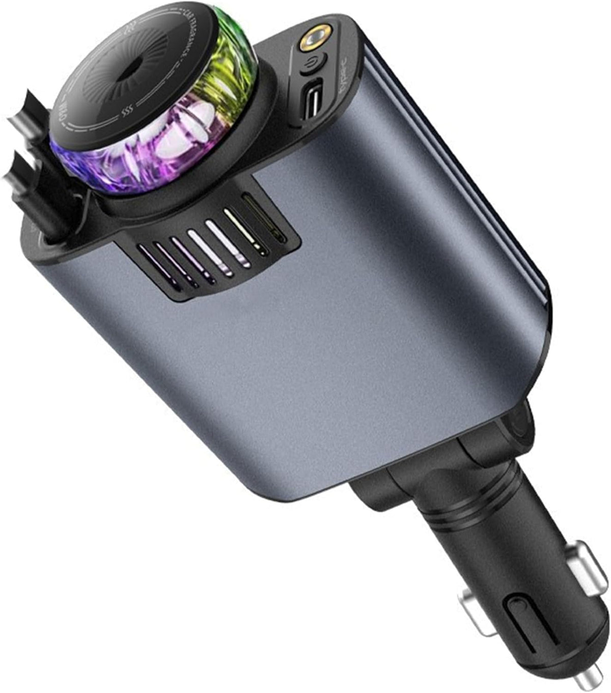 5-in-1 Car Charger with Air Freshener & Star Light – Retractable USB-C & iOS Cables, 3 Perfume Bottles, 45W Fast Charging, Black & Grey شاحن سيارة 5 في 1 مع معطر هواء وضوء نجمي – كابلات USB-C وiOS قابلة للسحب، 3 زجاجات عطر، شحن سريع 45 واط، أسود ورمادي