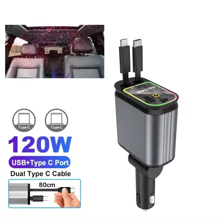 4-in-1 Car Charger with Retractable Cable, Atmosphere Lamp & Star Light, 120W USB Type-C Car Phone Charger Adapter, Dual Ports 12-24V شاحن سيارة 4 في 1 بكابل قابل للسحب، مصباح جوي وضوء النجوم، شاحن سيارة USB Type-C بقوة 120 واط، منافذ مزدوجة 12-24 فولت
