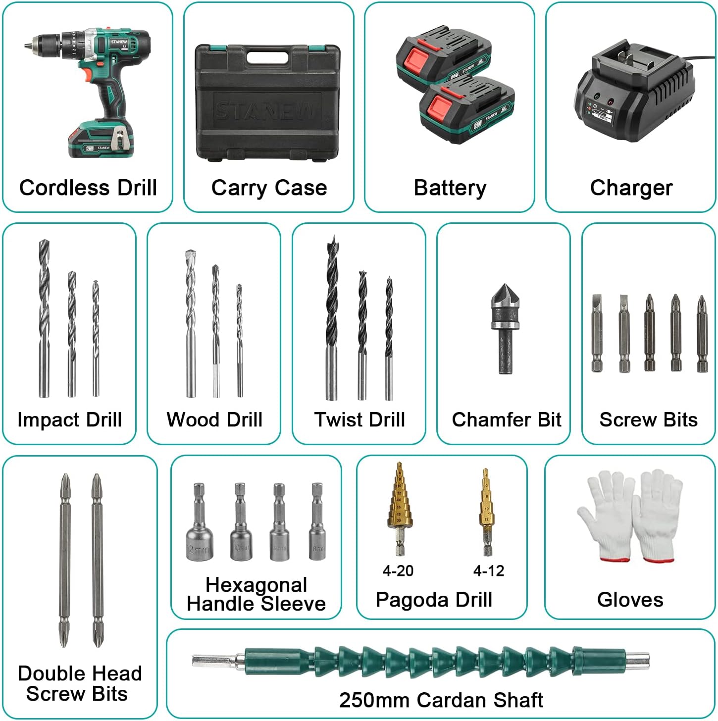Cordless Drill Set – Hammer Drill Driver with 2×20V 2.0Ah Lithium Batteries & Charger, 18+3 Torque, 24 Accessories, Plastic Carry Case مجموعة مثقاب لاسلكي – مثقاب ومفك مع بطاريتين 20 فولت 2.0Ah وشاحن، 18+3 عزم، 24 ملحقًا، حقيبة بلاستيكية