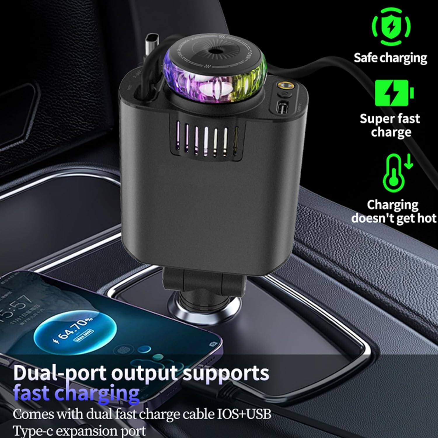 5-in-1 Car Charger with Air Freshener & Star Light – Retractable USB-C & iOS Cables, 3 Perfume Bottles, 45W Fast Charging, Black & Grey شاحن سيارة 5 في 1 مع معطر هواء وضوء نجمي – كابلات USB-C وiOS قابلة للسحب، 3 زجاجات عطر، شحن سريع 45 واط، أسود ورمادي