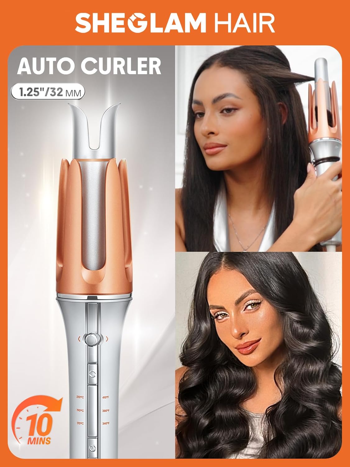 SHEGLAM Automatic Curling Iron 1¼" – 3 Temps, Fast Heating, 2-Way Rotation, Auto Shut-Off Hair Styling مكواة تجعيد شعر SHEGLAM أوتوماتيكية 1¼" – 3 درجات حرارة، تسخين سريع، دوران ثنائي، إيقاف تلقائي لتصفيف الشعر