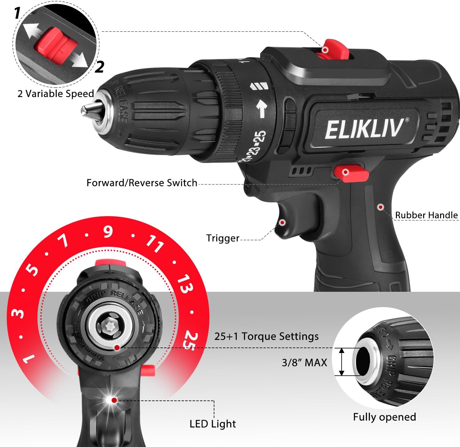 12V Cordless Drill – 10mm Keyless Chuck, 2-Speed Electric Screwdriver with LED Light & 2×1.5Ah Batteries, for Wood, Concrete & Brick مثقاب لاسلكي 12 فولت – ظرف 10مم بدون مفتاح، مفك كهربائي بسرعتين مع ضوء LED وبطاريتين 1.5Ah، للخشب والخرسانة والطوب