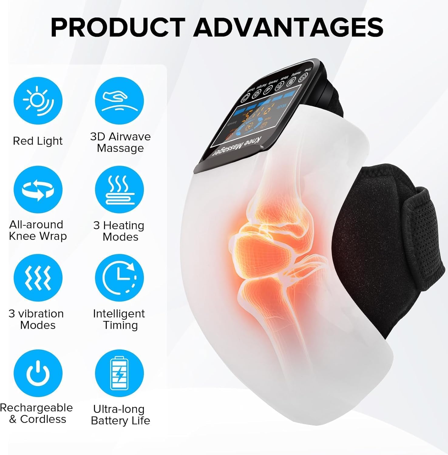 4-in-1 Knee Massager – Deep Heat, Red Light, Vibration & 3D Massage, Cordless Portable with LED Screen for Joint Pain Relief جهاز تدليك الركبة 4 في 1 – حرارة عميقة، ضوء أحمر، اهتزاز وتدليك ثلاثي الأبعاد، لاسلكي ومحمول مع شاشة LED لتخفيف آلام المفاصل