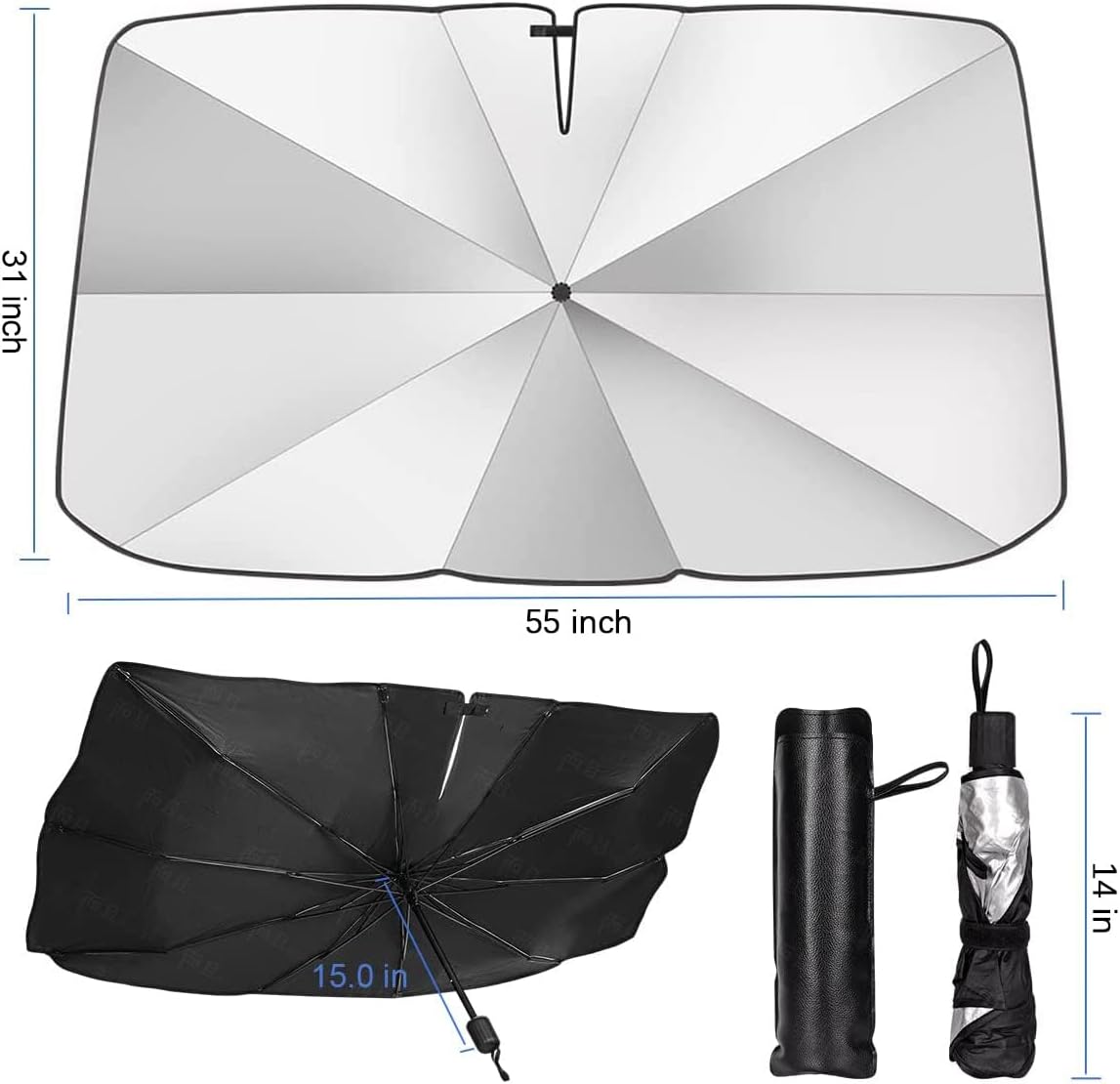 Car Windshield Sun Shade Umbrella – UPF50+, 2023 Foldable Full Cover, Upgraded Opening Design, Automotive Sun Protection مظلة واقية للزجاج الأمامي للسيارة – UPF50+، 2023 قابلة للطي، تغطية كاملة، تصميم فتح مطور، حماية من الشمس للسيارة