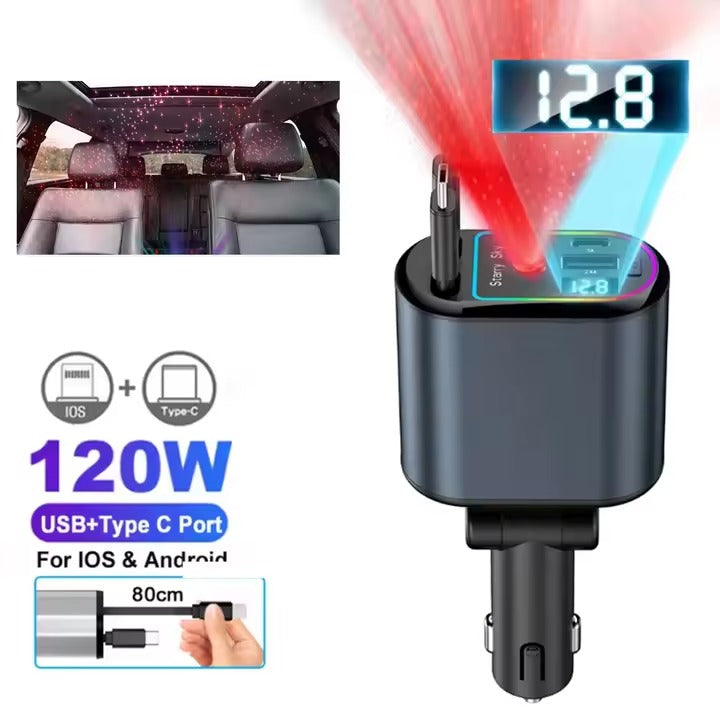 4-in-1 Car Charger with Retractable Cable, Atmosphere Lamp & Star Light, 120W USB Type-C Car Phone Charger Adapter, Dual Ports 12-24V شاحن سيارة 4 في 1 بكابل قابل للسحب، مصباح جوي وضوء النجوم، شاحن سيارة USB Type-C بقوة 120 واط، منافذ مزدوجة 12-24 فولت