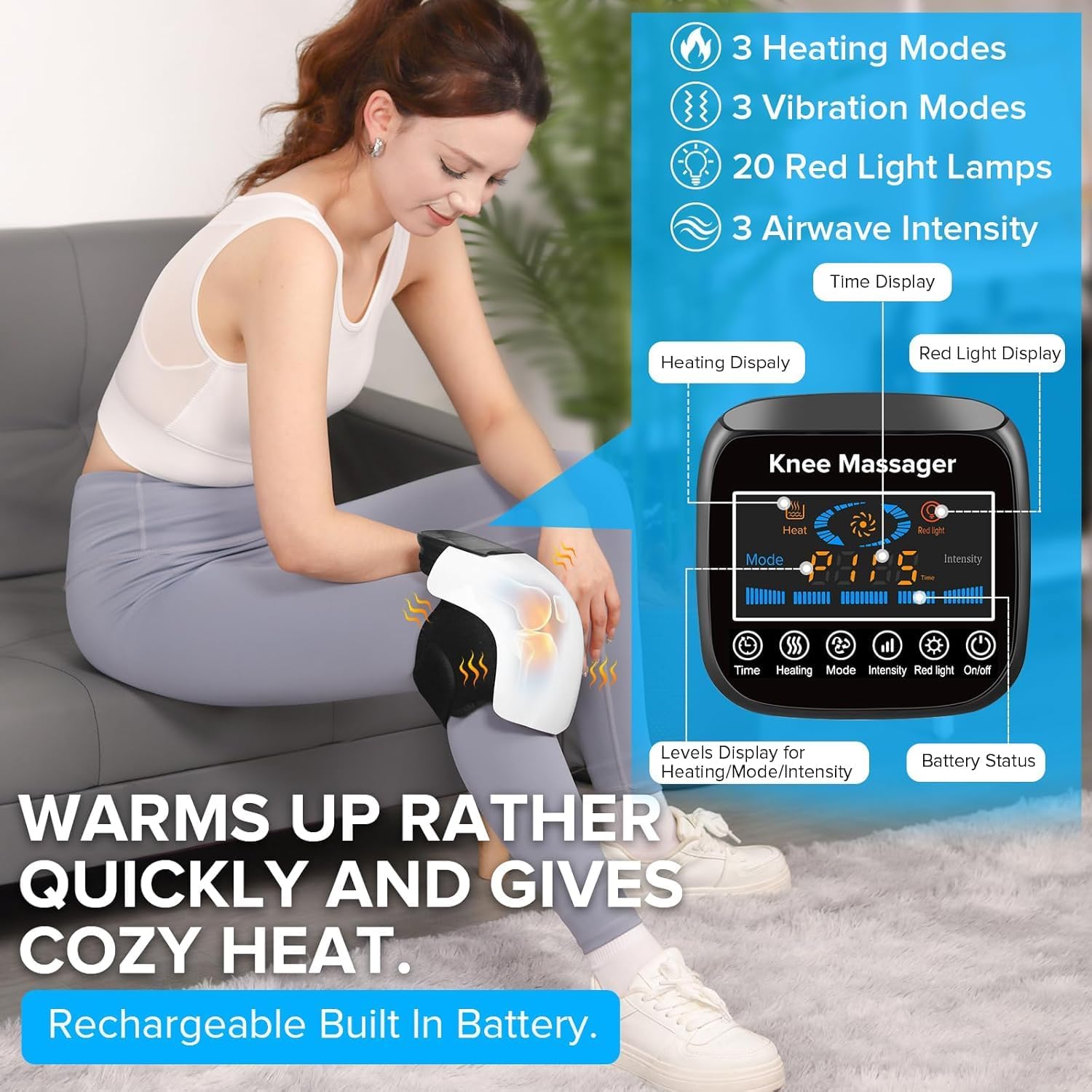 4-in-1 Knee Massager – Deep Heat, Red Light, Vibration & 3D Massage, Cordless Portable with LED Screen for Joint Pain Relief جهاز تدليك الركبة 4 في 1 – حرارة عميقة، ضوء أحمر، اهتزاز وتدليك ثلاثي الأبعاد، لاسلكي ومحمول مع شاشة LED لتخفيف آلام المفاصل