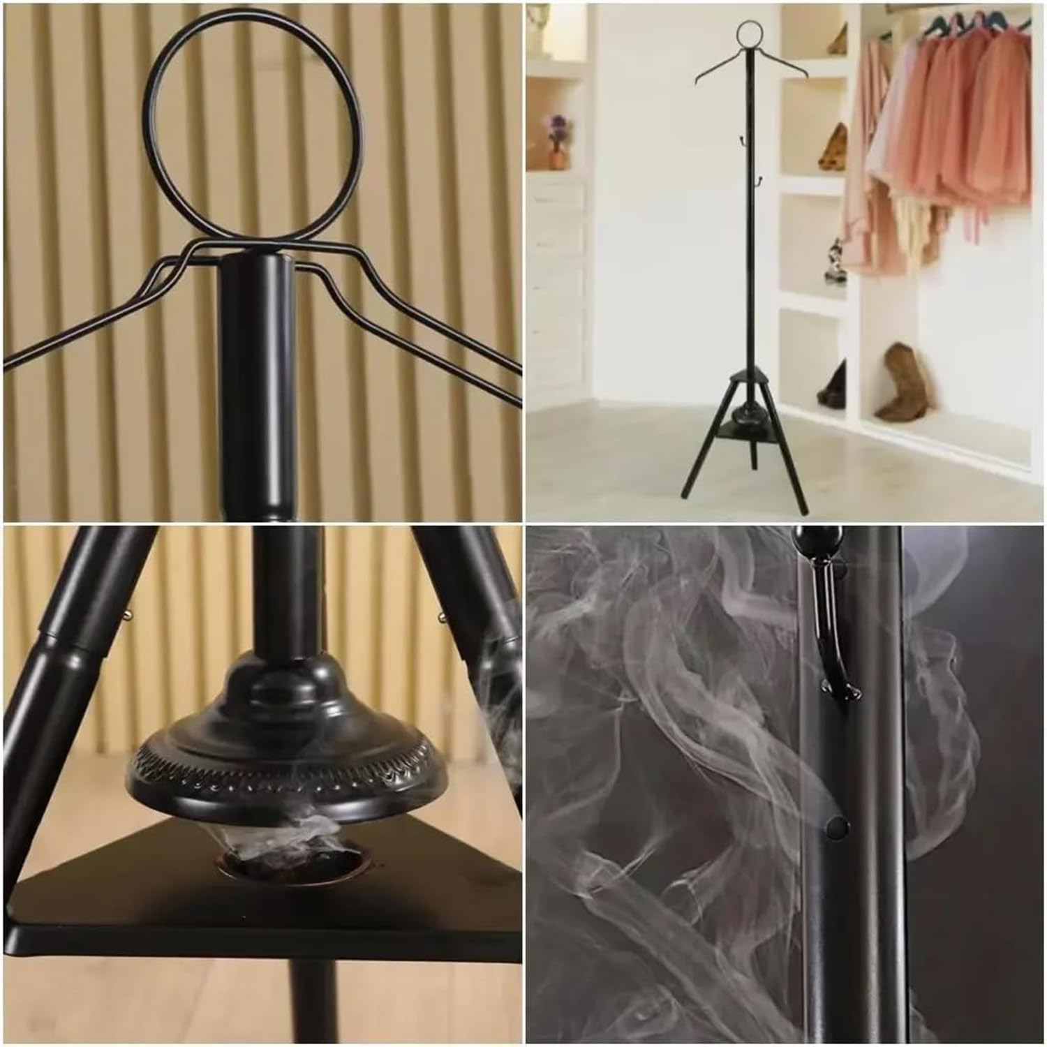 Clothes Incense Burner Stand – 175cm Freestanding Metal Coat Rack with Hooks & Incense Base for Steaming Clothes, Traditional Steamer (Black) حامل بخور للملابس – حامل معاطف معدني مستقل 175سم مع خطاطيف وقاعدة بخور لتبخير الملابس، جهاز تبخير تقليدي (أسود)