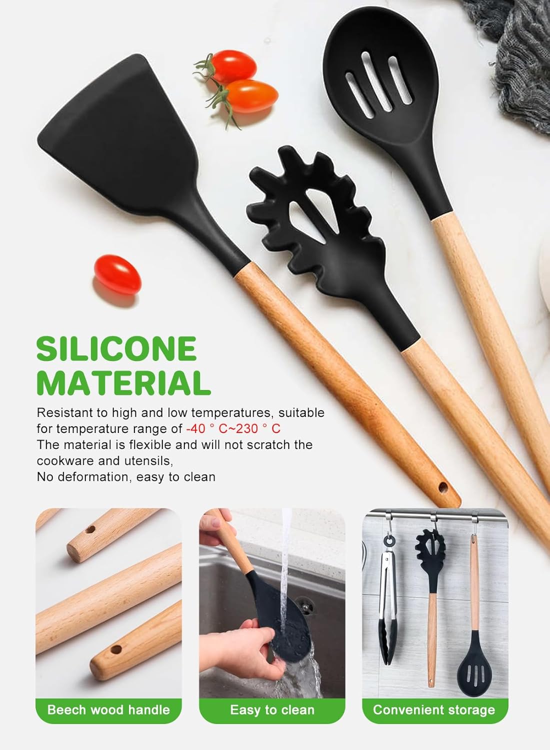 19 Pcs Silicone Kitchen Utensil Set, Heat Resistant Cooking Tools with Wooden Handles | طقم أدوات المطبخ سيليكون 19 قطعة، أدوات طبخ مقاومة للحرارة بمقابض خشبية
