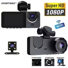 3-Channel Dash Cam Front + Rear 1080P, WiFi App Control, Parking Mode, Wide Angle, G-Sensor, Waterproof Car DVR | كاميرا سيارة بعدسة أمامية وخلفية بدقة 1080P، تحكم عبر تطبيق الواي فاي، وضع الوقوف، زاوية واسعة، مستشعر G، مسجل قيادة مقاوم للماء