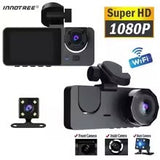 3-Channel Dash Cam Front + Rear 1080P, WiFi App Control, Parking Mode, Wide Angle, G-Sensor, Waterproof Car DVR | كاميرا سيارة بعدسة أمامية وخلفية بدقة 1080P، تحكم عبر تطبيق الواي فاي، وضع الوقوف، زاوية واسعة، مستشعر G، مسجل قيادة مقاوم للماء