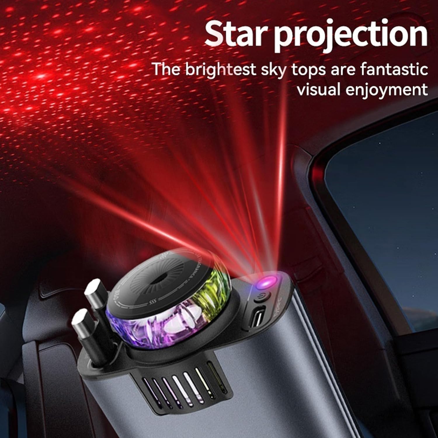5-in-1 Car Charger with Air Freshener & Star Light – Retractable USB-C & iOS Cables, 3 Perfume Bottles, 45W Fast Charging, Black & Grey شاحن سيارة 5 في 1 مع معطر هواء وضوء نجمي – كابلات USB-C وiOS قابلة للسحب، 3 زجاجات عطر، شحن سريع 45 واط، أسود ورمادي