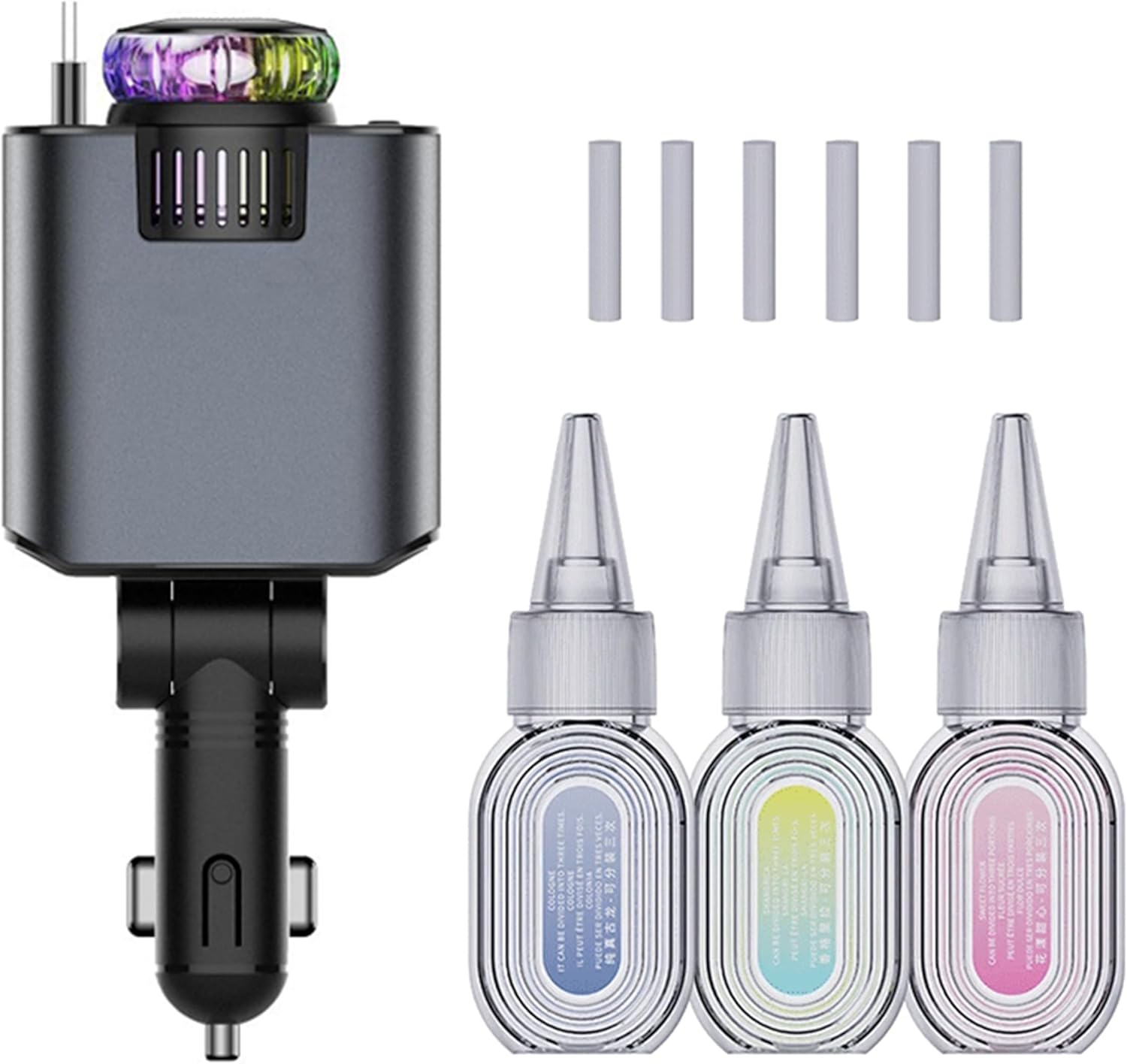5-in-1 Car Charger with Air Freshener & Star Light – Retractable USB-C & iOS Cables, 3 Perfume Bottles, 45W Fast Charging, Black & Grey شاحن سيارة 5 في 1 مع معطر هواء وضوء نجمي – كابلات USB-C وiOS قابلة للسحب، 3 زجاجات عطر، شحن سريع 45 واط، أسود ورمادي