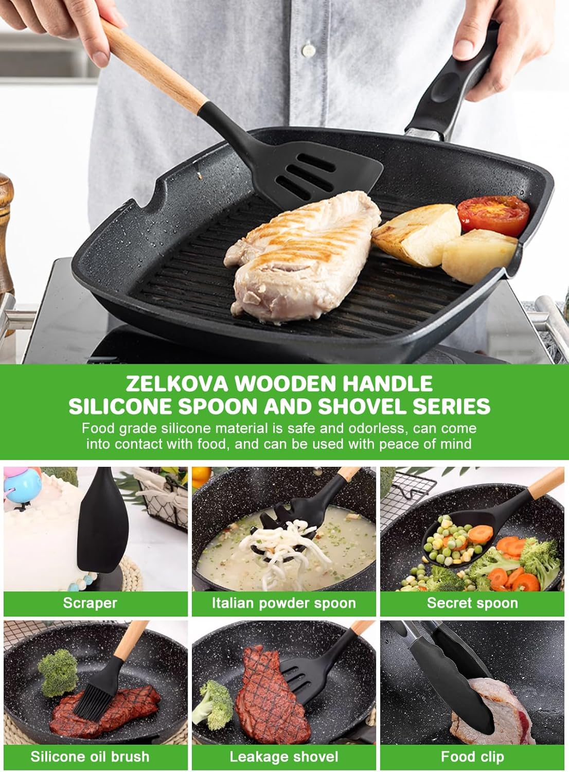 19 Pcs Silicone Kitchen Utensil Set, Heat Resistant Cooking Tools with Wooden Handles | طقم أدوات المطبخ سيليكون 19 قطعة، أدوات طبخ مقاومة للحرارة بمقابض خشبية