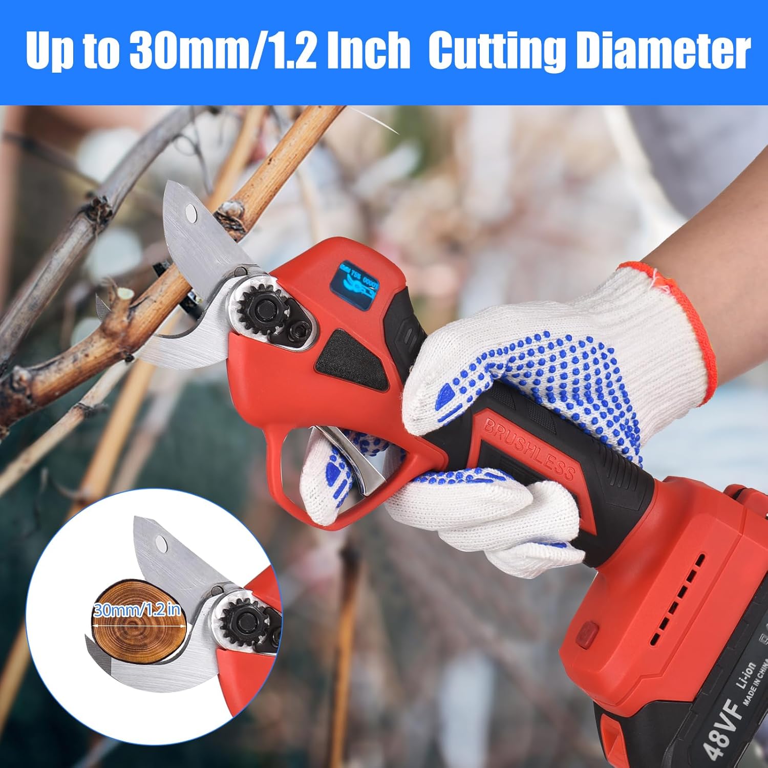 Electric Pruning Shears 30mm – 48V Cordless Portable Pruner, 2-Pack with 2000mAh Battery & Replacement Blades for Tree Branches مقص تقليم كهربائي 30مم – مقص لاسلكي محمول 48 فولت، عبوتان مع بطارية 2000mAh وشفرات بديلة لتقليم أغصان الأشجار