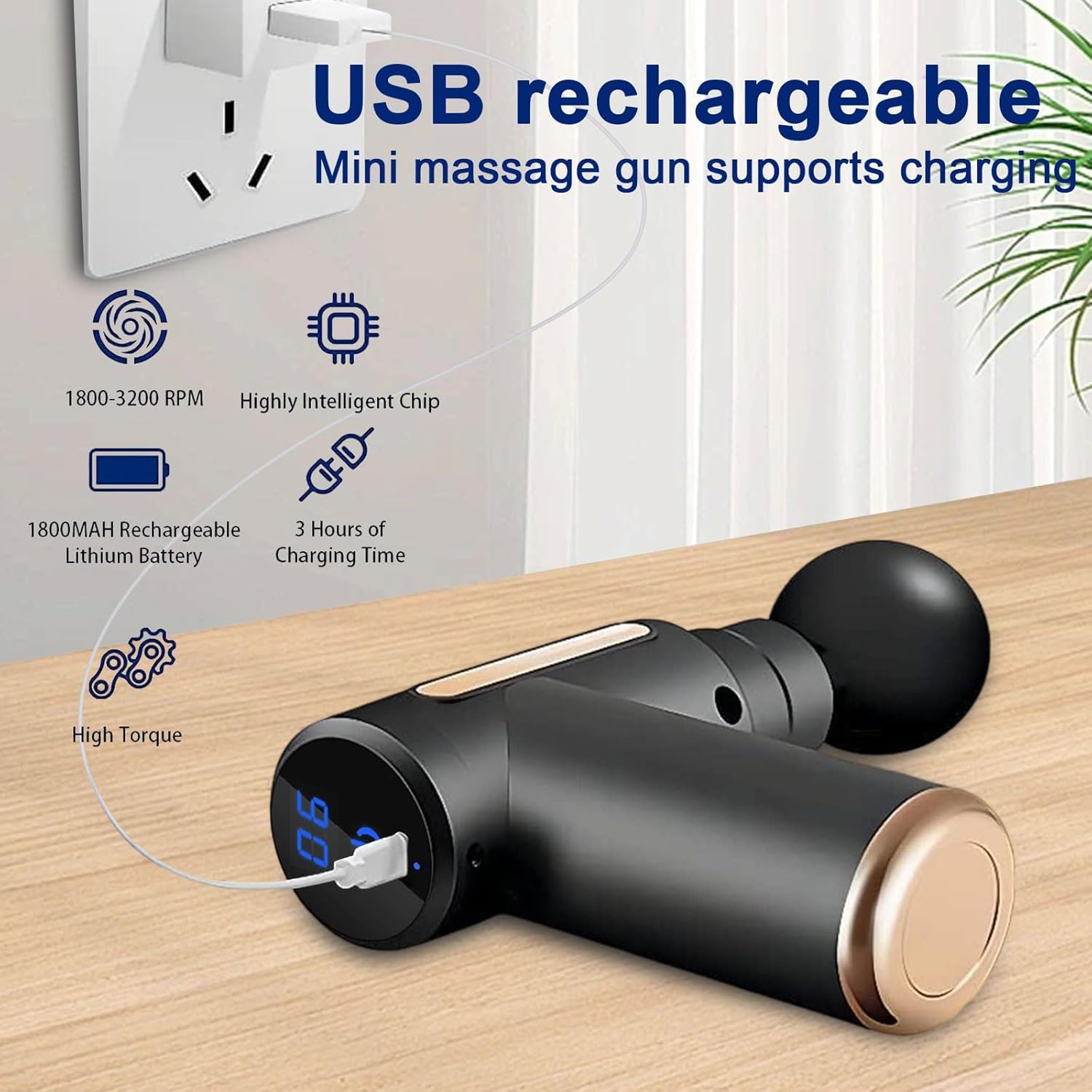 Cordless Massage Gun – 6 Speeds Deep Tissue, USB-C Fast Charge, LED Display, Home & Workout, Gift (Black) جهاز تدليك لاسلكي – 6 سرعات للتدليك العميق، شحن USB-C سريع، شاشة LED، للاستخدام المنزلي والتمارين، هدية (أسود)