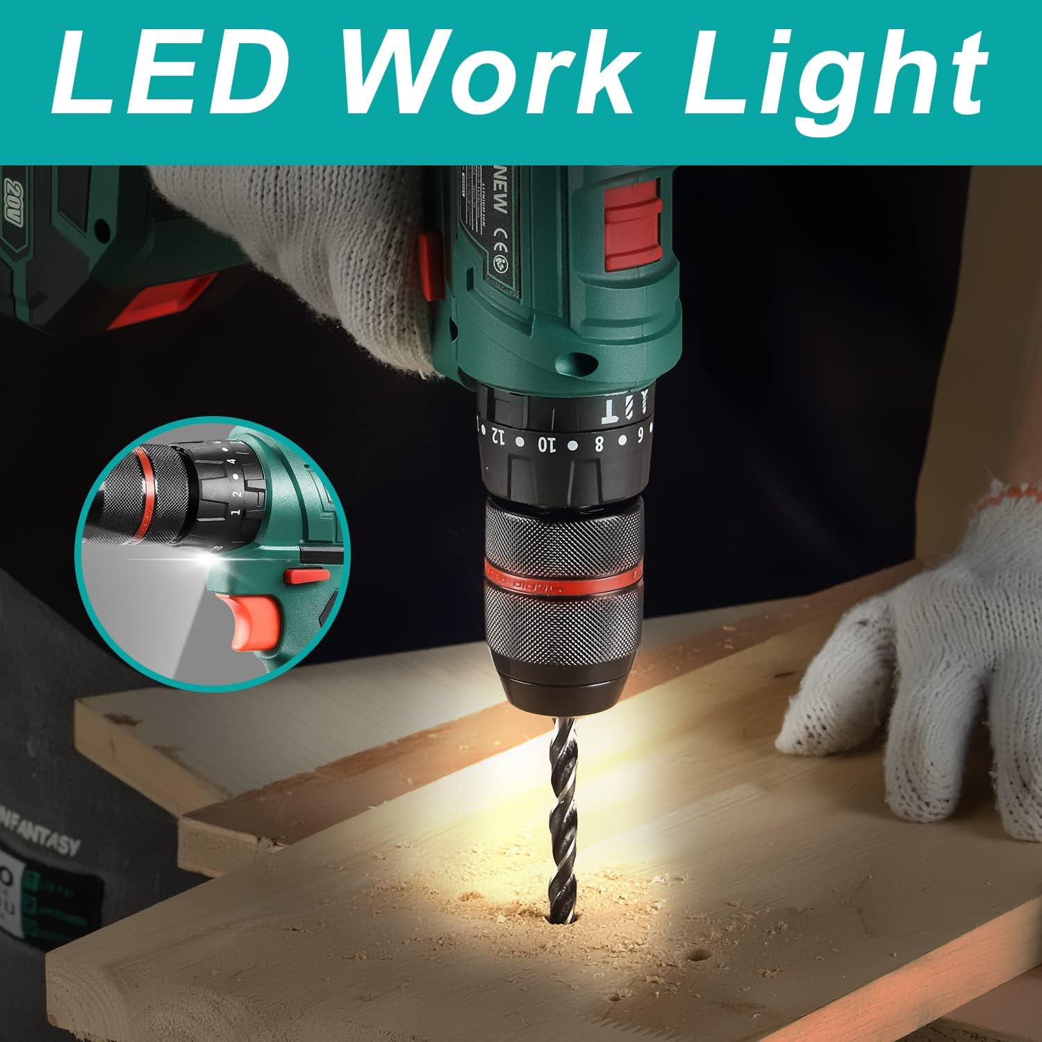 Cordless Drill Set – Hammer Drill Driver with 2×20V 2.0Ah Lithium Batteries & Charger, 18+3 Torque, 24 Accessories, Plastic Carry Case مجموعة مثقاب لاسلكي – مثقاب ومفك مع بطاريتين 20 فولت 2.0Ah وشاحن، 18+3 عزم، 24 ملحقًا، حقيبة بلاستيكية