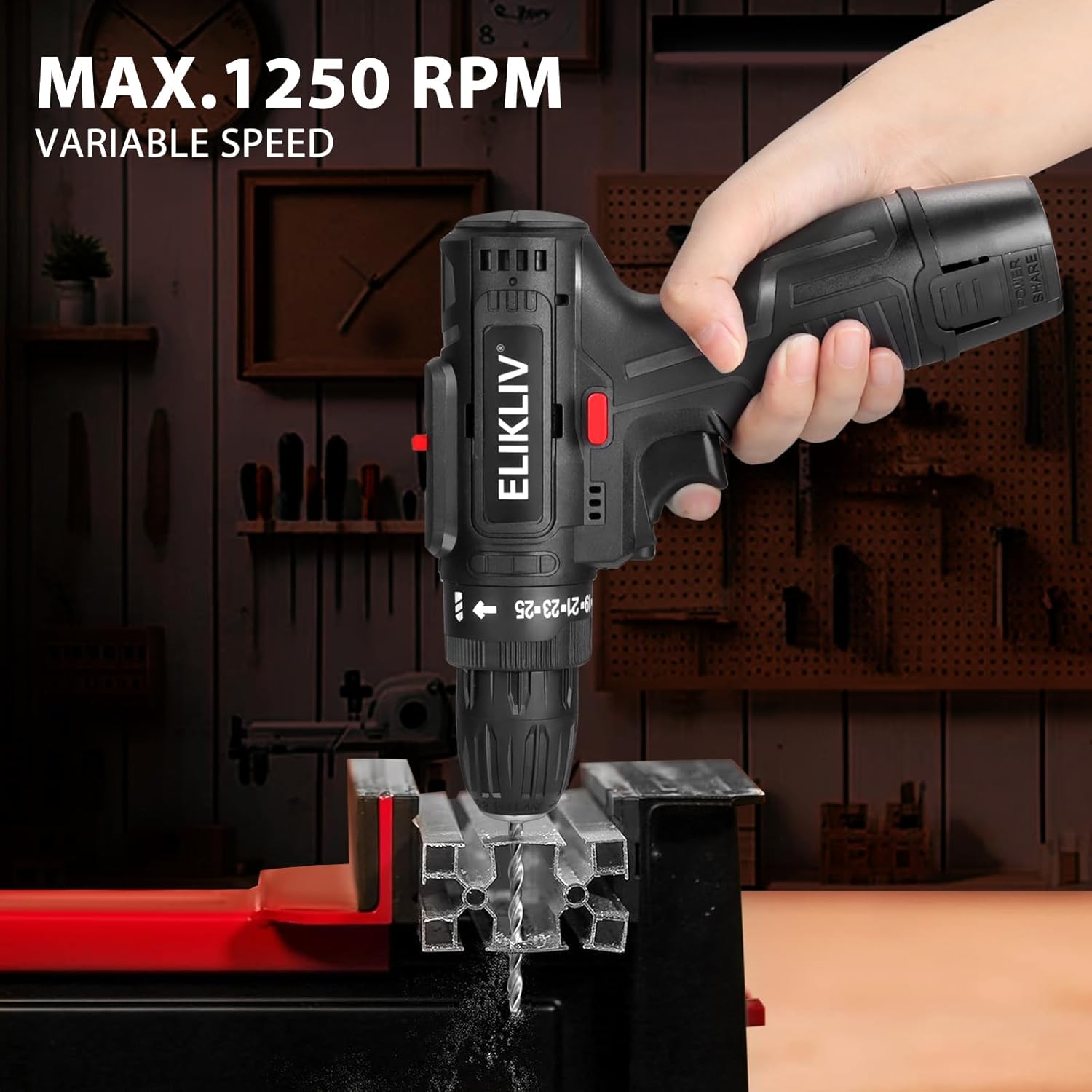 12V Cordless Drill – 10mm Keyless Chuck, 2-Speed Electric Screwdriver with LED Light & 2×1.5Ah Batteries, for Wood, Concrete & Brick مثقاب لاسلكي 12 فولت – ظرف 10مم بدون مفتاح، مفك كهربائي بسرعتين مع ضوء LED وبطاريتين 1.5Ah، للخشب والخرسانة والطوب