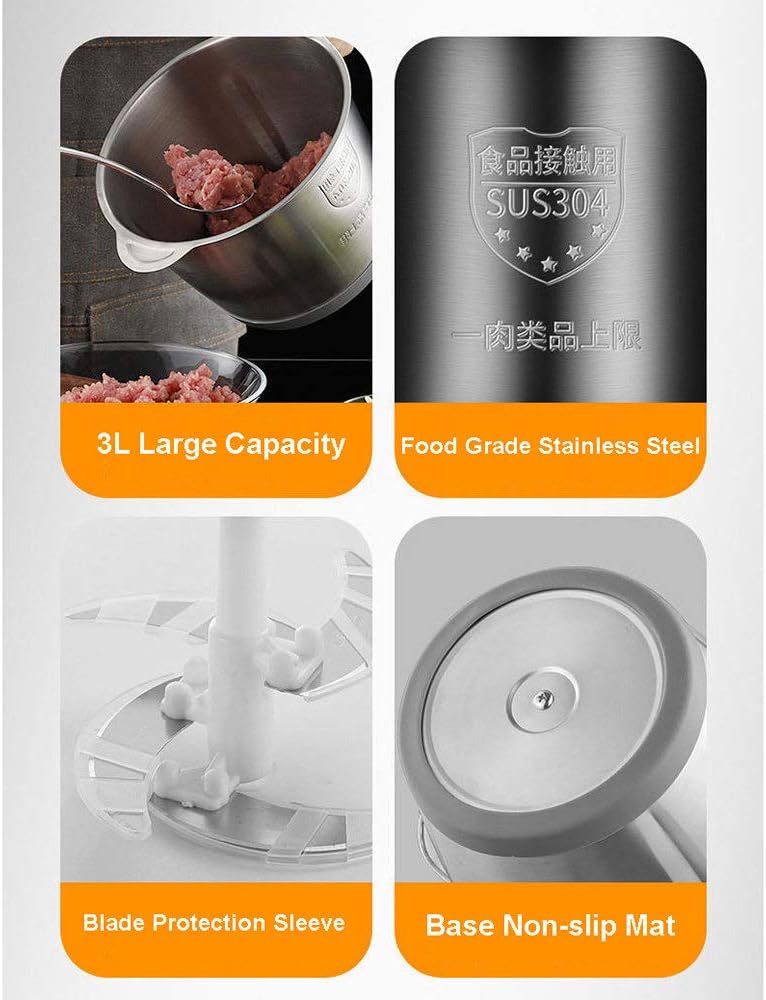 Food Chopper 3L Stainless Steel, 250W Electric Meat Grinder with Bi-Level Blades & 2 Speed Levels | فرامة طعام 3 لتر ستانلس ستيل، مفرمة لحم كهربائية 250 واط بشفرات مزدوجة وسرعتين