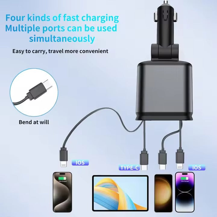 4-in-1 Car Charger with Retractable Cable, Atmosphere Lamp & Star Light, 120W USB Type-C Car Phone Charger Adapter, Dual Ports 12-24V شاحن سيارة 4 في 1 بكابل قابل للسحب، مصباح جوي وضوء النجوم، شاحن سيارة USB Type-C بقوة 120 واط، منافذ مزدوجة 12-24 فولت