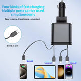 4-in-1 Car Charger with Retractable Cable, Atmosphere Lamp & Star Light, 120W USB Type-C Car Phone Charger Adapter, Dual Ports 12-24V شاحن سيارة 4 في 1 بكابل قابل للسحب، مصباح جوي وضوء النجوم، شاحن سيارة USB Type-C بقوة 120 واط، منافذ مزدوجة 12-24 فولت