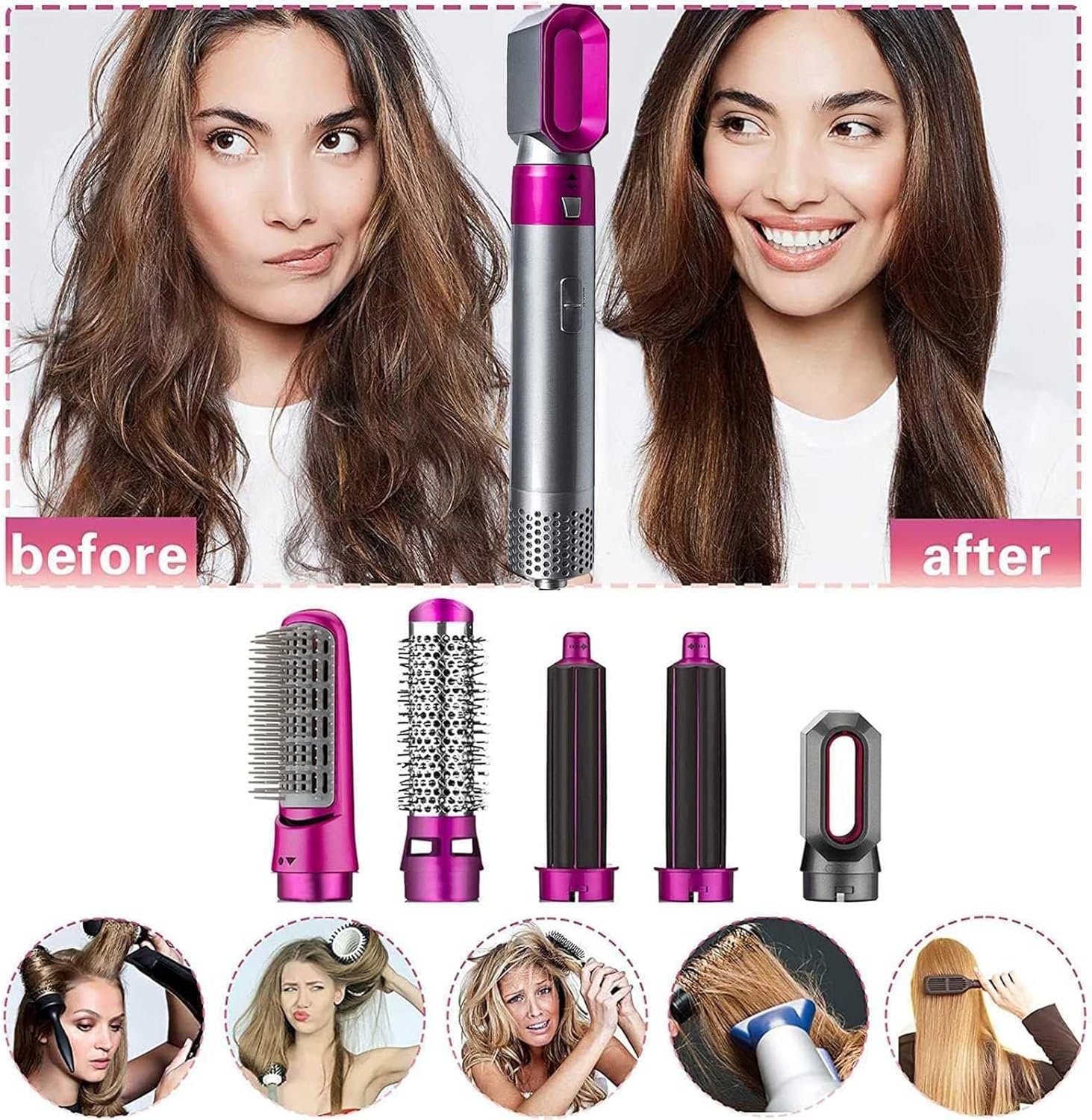 Aputue 5-in-1 Hair Dryer & Styler – Straightener, Comb, Curling Brush, 5 Barrels, Smoothing & Massage جهاز تصفيف الشعر 5 في 1 من Aputue – مجفف، مكواة، فرشاة تمليس وتجعيد، 5 رؤوس، تنعيم وتدليك فروة الرأس
