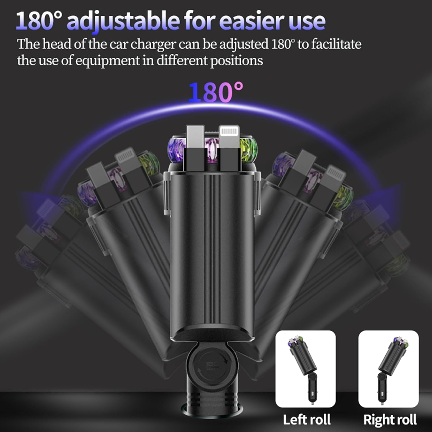 5-in-1 Car Charger with Air Freshener & Star Light – Retractable USB-C & iOS Cables, 3 Perfume Bottles, 45W Fast Charging, Black & Grey شاحن سيارة 5 في 1 مع معطر هواء وضوء نجمي – كابلات USB-C وiOS قابلة للسحب، 3 زجاجات عطر، شحن سريع 45 واط، أسود ورمادي