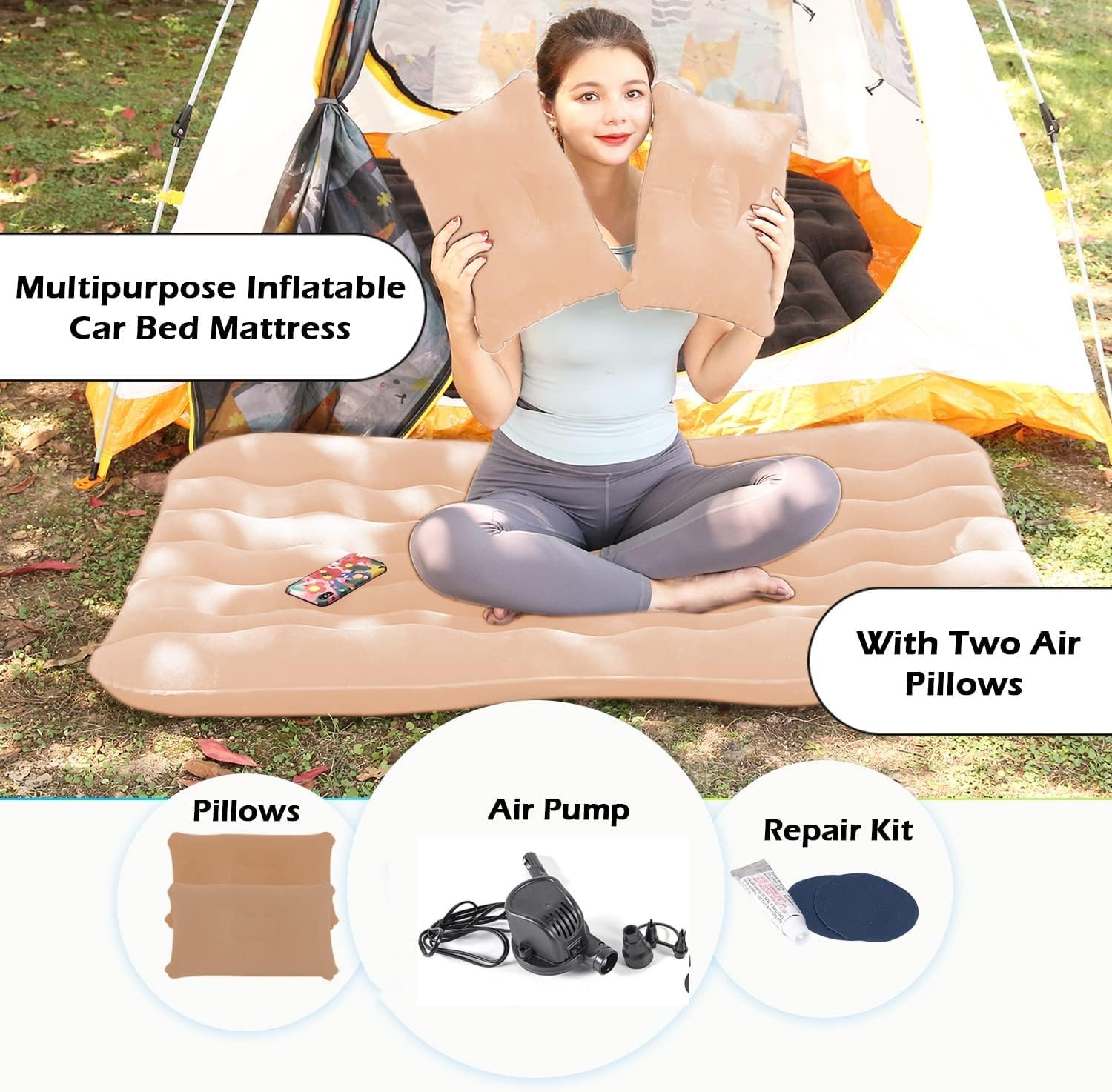 Car Inflatable Air Mattress Bed with 2 Pillows & Storage Piers, Beige | مرتبة هوائية قابلة للنفخ للسيارة مع وسادتين وقواعد تخزين، بيج