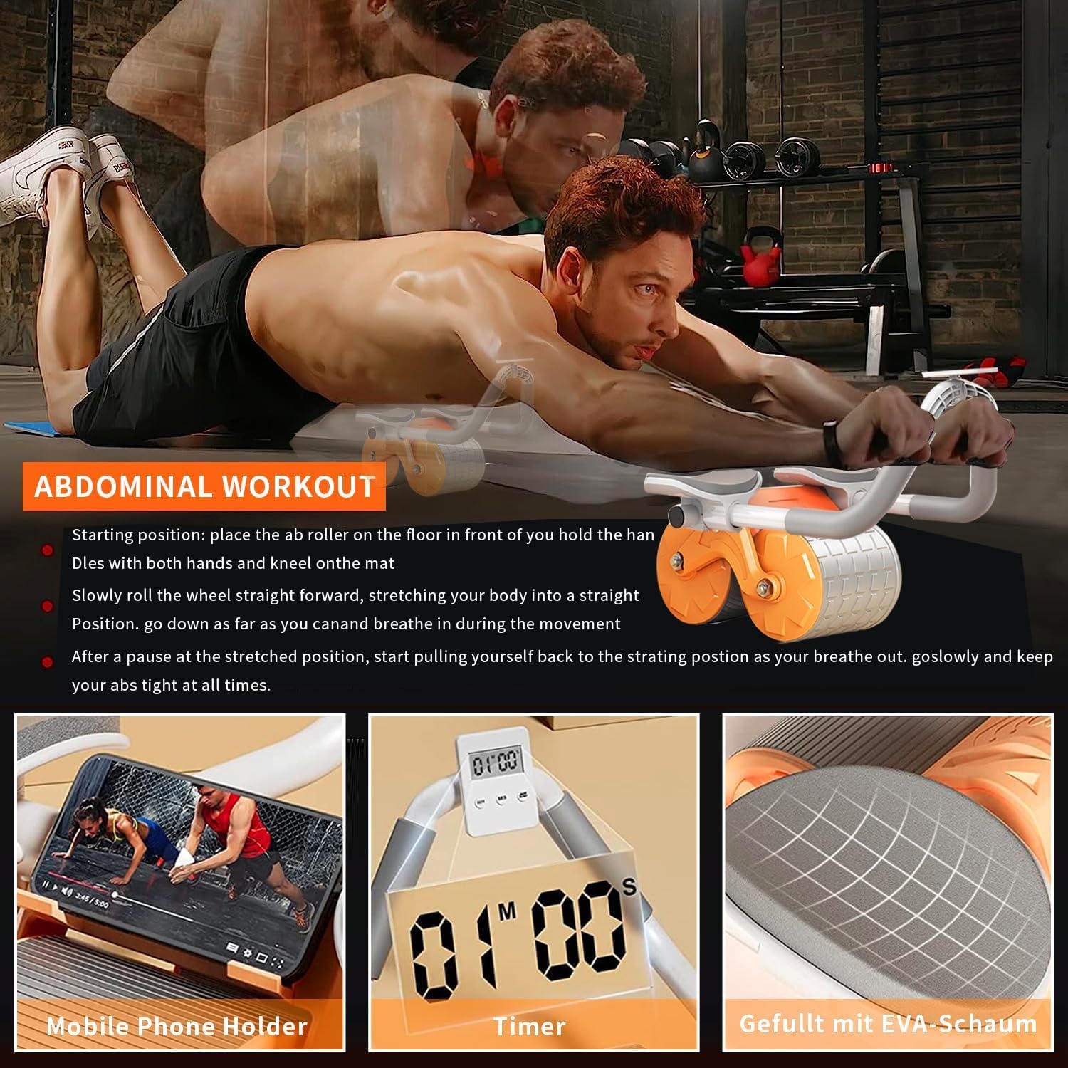 Automatic Rebound Ab Roller Wheel with Elbow Support & Timer | عجلة تمارين البطن أوتوماتيكية بارتداد مع مساند للمرفق ومؤقت