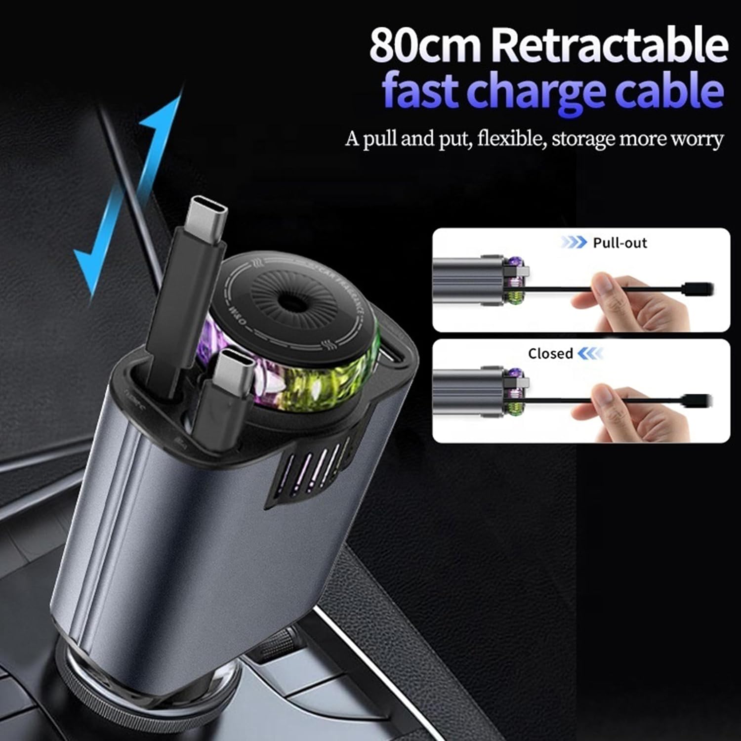 5-in-1 Car Charger with Air Freshener & Star Light – Retractable USB-C & iOS Cables, 3 Perfume Bottles, 45W Fast Charging, Black & Grey شاحن سيارة 5 في 1 مع معطر هواء وضوء نجمي – كابلات USB-C وiOS قابلة للسحب، 3 زجاجات عطر، شحن سريع 45 واط، أسود ورمادي
