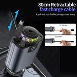 5-in-1 Car Charger with Air Freshener & Star Light – Retractable USB-C & iOS Cables, 3 Perfume Bottles, 45W Fast Charging, Black & Grey شاحن سيارة 5 في 1 مع معطر هواء وضوء نجمي – كابلات USB-C وiOS قابلة للسحب، 3 زجاجات عطر، شحن سريع 45 واط، أسود ورمادي