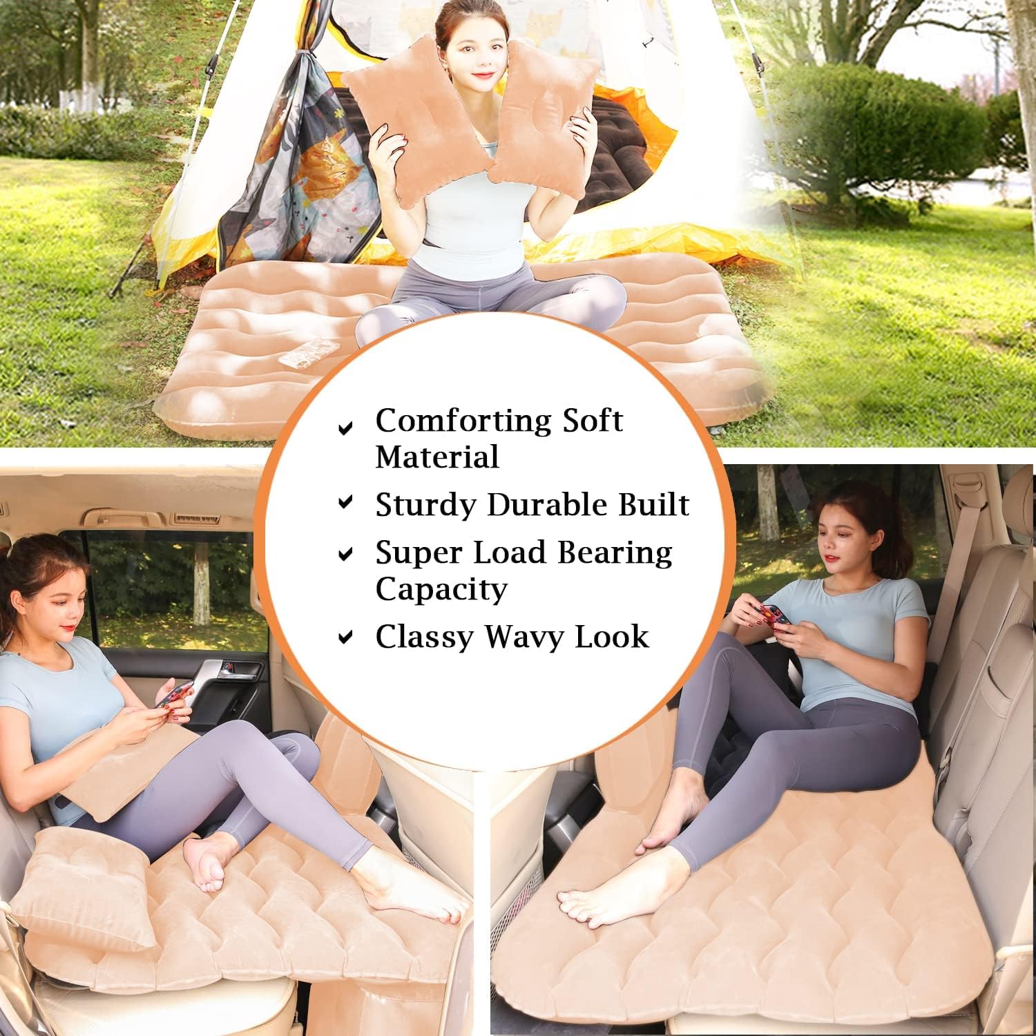 Car Inflatable Air Mattress Bed with 2 Pillows & Storage Piers, Beige | مرتبة هوائية قابلة للنفخ للسيارة مع وسادتين وقواعد تخزين، بيج