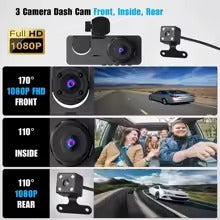 3-Channel Dash Cam Front + Rear 1080P, WiFi App Control, Parking Mode, Wide Angle, G-Sensor, Waterproof Car DVR | كاميرا سيارة بعدسة أمامية وخلفية بدقة 1080P، تحكم عبر تطبيق الواي فاي، وضع الوقوف، زاوية واسعة، مستشعر G، مسجل قيادة مقاوم للماء