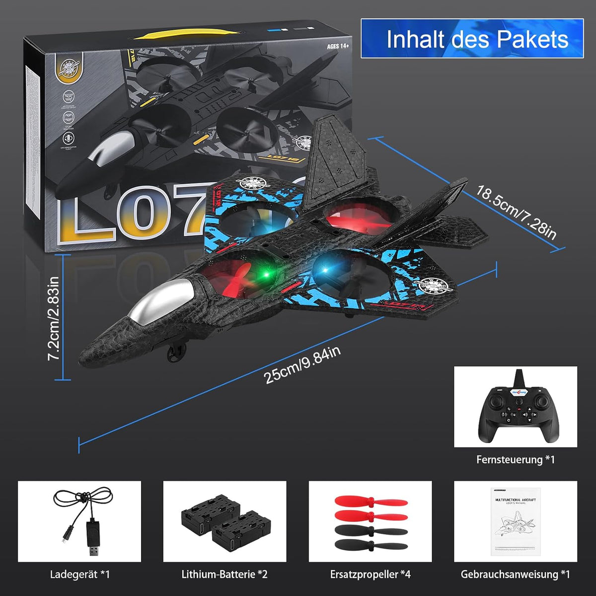 RC Aeroplane 2.4GHz Quadcopter L0712 – Floating Fighter, RTF for Beginners, Kids & Adults, Toy with Colored Lights & USB Charging طائرة RC 2.4GHz رباعية المحركات L0712 – مقاتلة عائمة جاهزة للطيران للمبتدئين، الأطفال والكبار، لعبة بأضواء ملونة وشحن USB