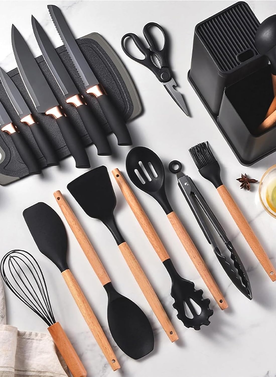 19 Pcs Silicone Kitchen Utensil Set, Heat Resistant Cooking Tools with Wooden Handles | طقم أدوات المطبخ سيليكون 19 قطعة، أدوات طبخ مقاومة للحرارة بمقابض خشبية