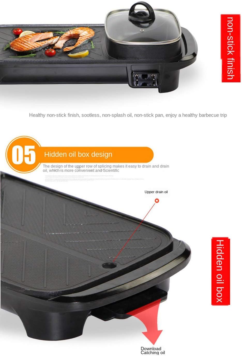 Electric BBQ Grill & Hot Pot 2-in-1 – Smokeless Non-Stick Indoor Roasting Pan, Multi-Functional Shabu Hot Pot, Family Party Use (UK Plug) شواية كهربائية مع قدر ساخن 2 في 1 – بدون دخان، غير لاصقة، للشواء الداخلي والشابو، مثالية للحفلات العائلية (UK Plug)