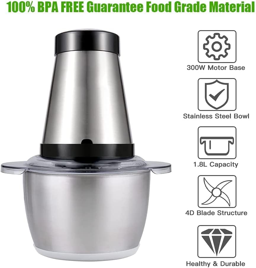 Food Chopper & Electric Meat Grinder, 2L Stainless Steel Bowl, Quad Blades, 300W, Dual Speed Control | فرامة طعام ومفرمة لحم كهربائية، وعاء ستانلس ستيل بسعة 2 لتر، شفرات رباعية، 300 واط، تحكم بسرعتين