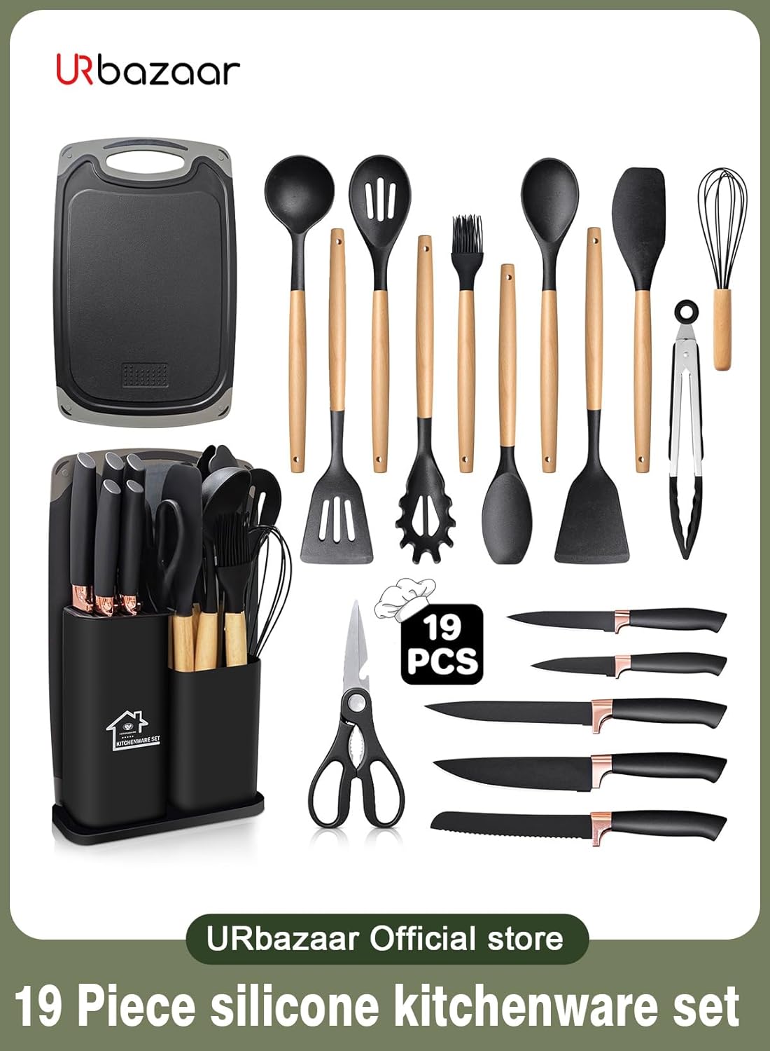 19 Pcs Silicone Kitchen Utensil Set, Heat Resistant Cooking Tools with Wooden Handles | طقم أدوات المطبخ سيليكون 19 قطعة، أدوات طبخ مقاومة للحرارة بمقابض خشبية
