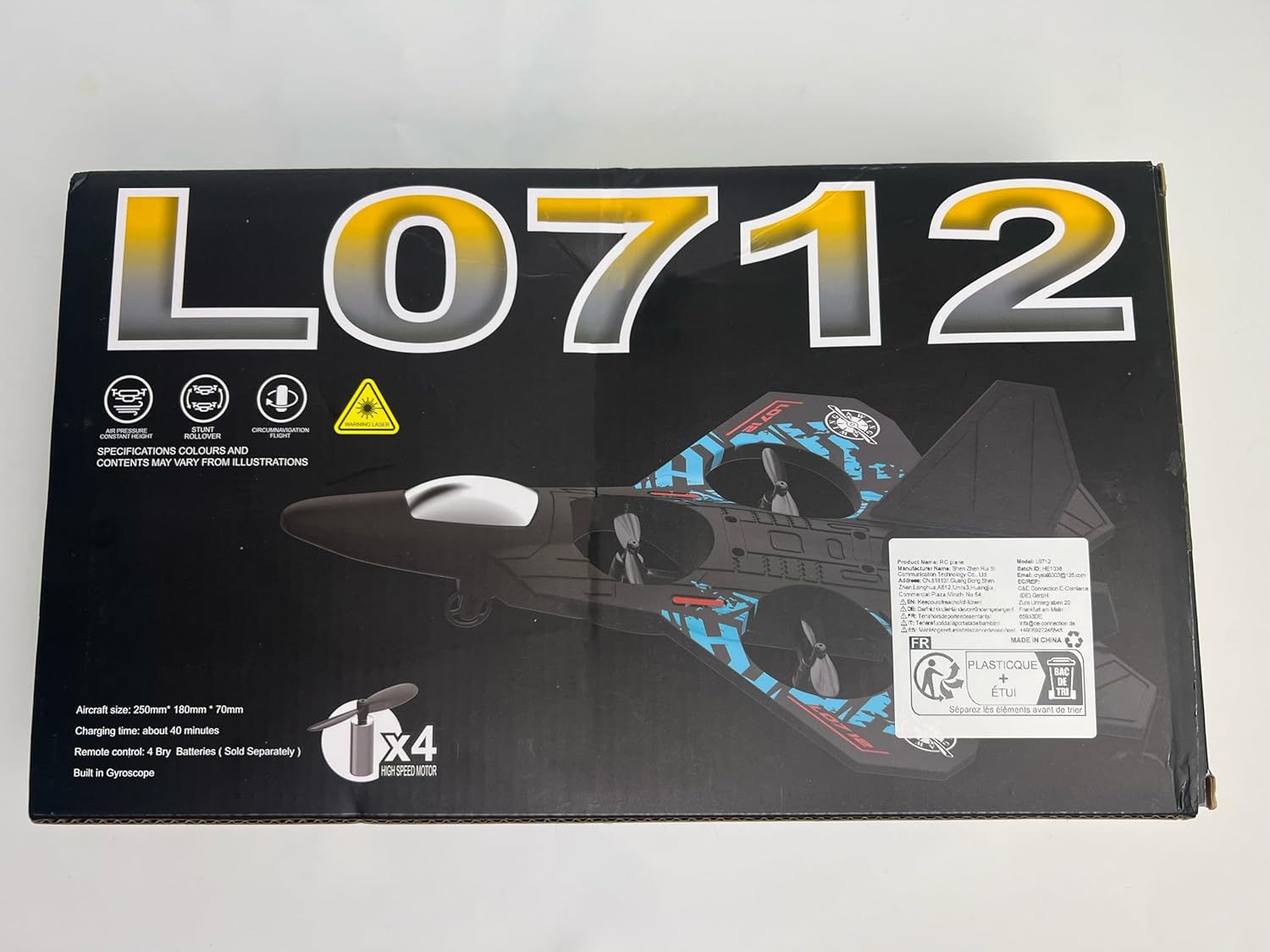 RC Aeroplane 2.4GHz Quadcopter L0712 – Floating Fighter, RTF for Beginners, Kids & Adults, Toy with Colored Lights & USB Charging طائرة RC 2.4GHz رباعية المحركات L0712 – مقاتلة عائمة جاهزة للطيران للمبتدئين، الأطفال والكبار، لعبة بأضواء ملونة وشحن USB