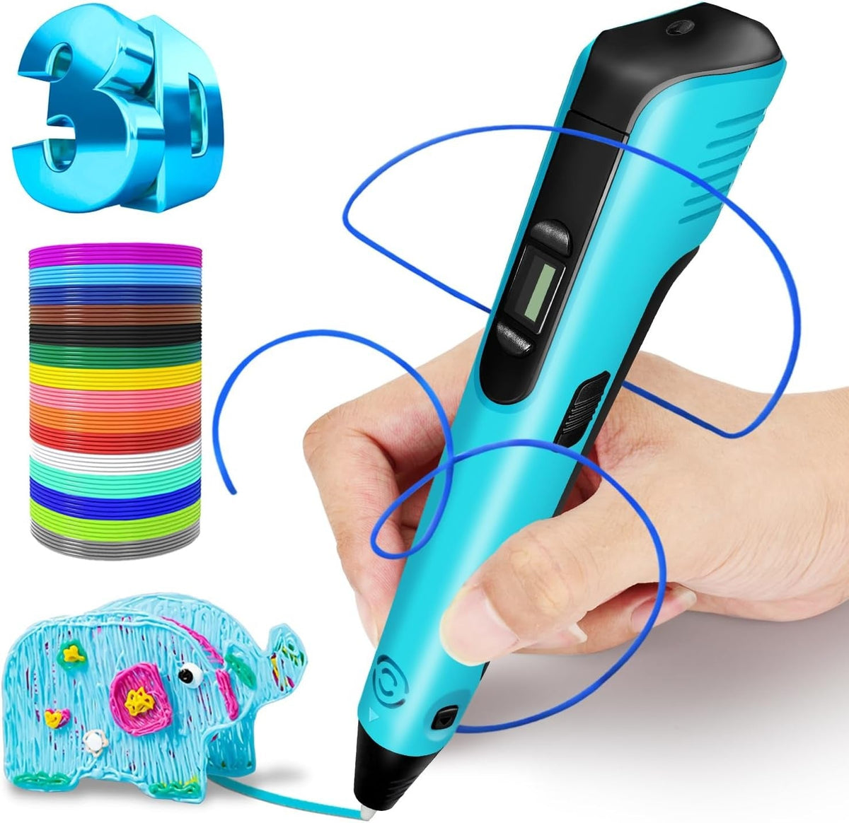 3D Pen for Kids with 15 Colors PLA Filament – Creative 3D Drawing Toy  قلم ثلاثي الأبعاد للأطفال مع 15 لون خيوط PLA – لعبة رسم ثلاثية الأبعاد إبداعية (NP100، أزرق)